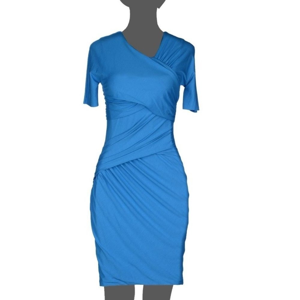 NWT CARVEN, France, Blue Ruched Wrap Bodycon Dress FR 38 US 4